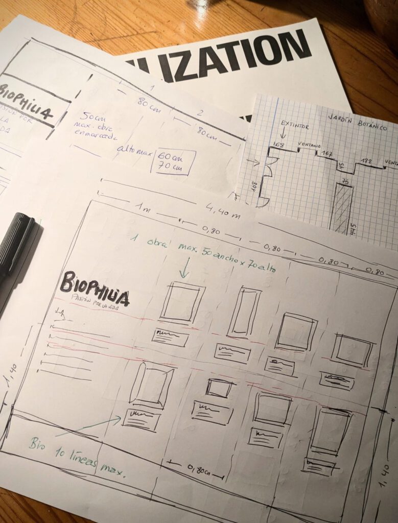 Early planning sketches and exhibition layout studies for BIOPHILIA.